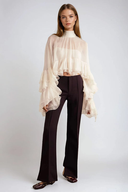 Ruffle Layered High Neck Top - Beige