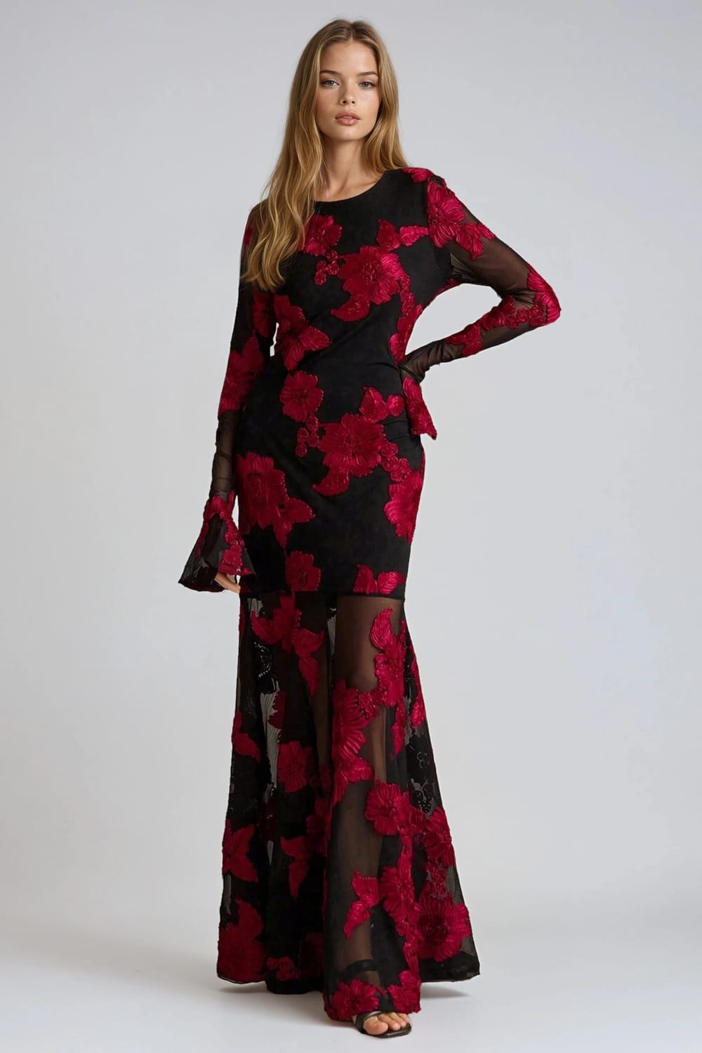 Long Sleeve Maxi Dress with Sheer Floral Overlay - Red