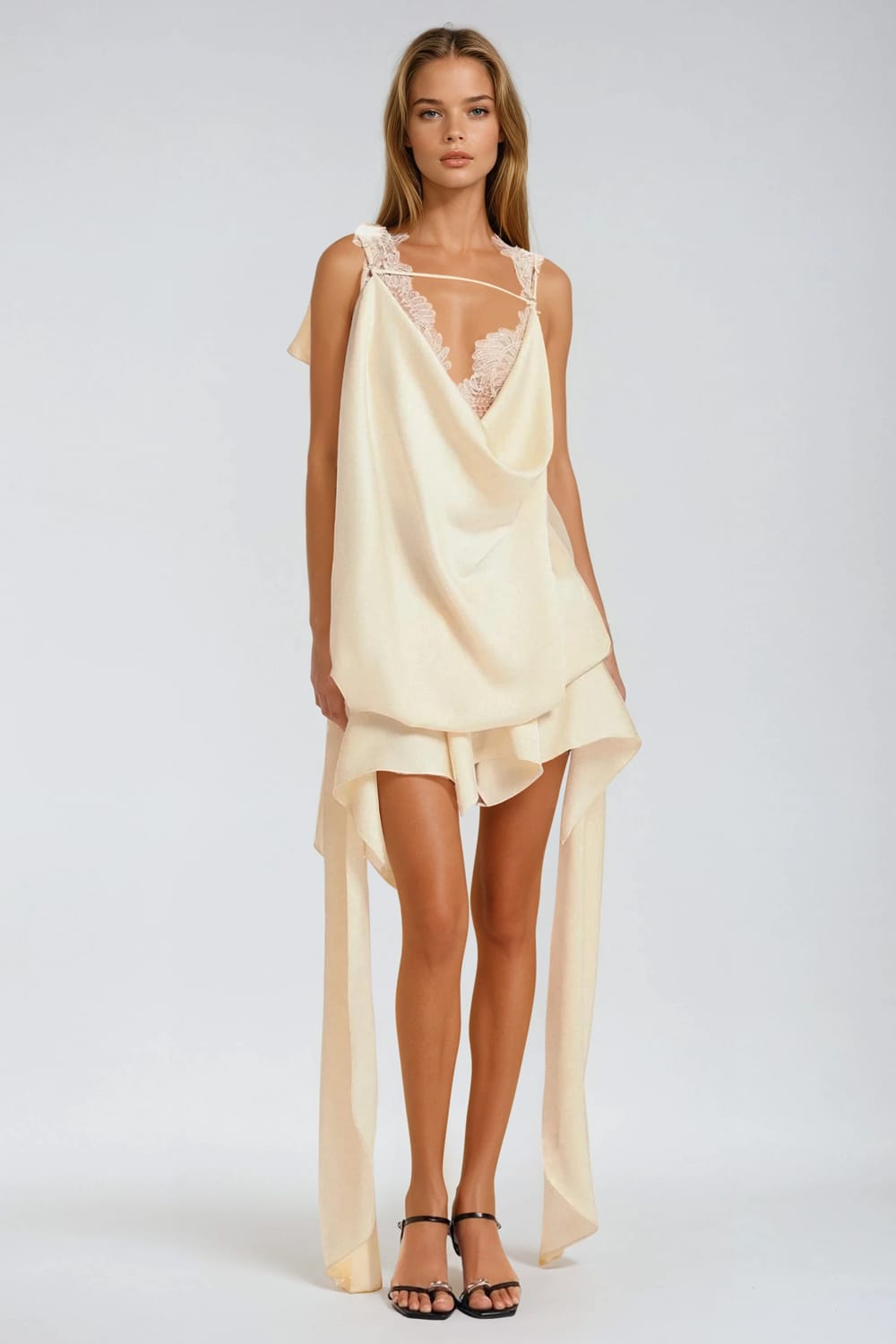 Draped Lace-Trim Mini Dress - White