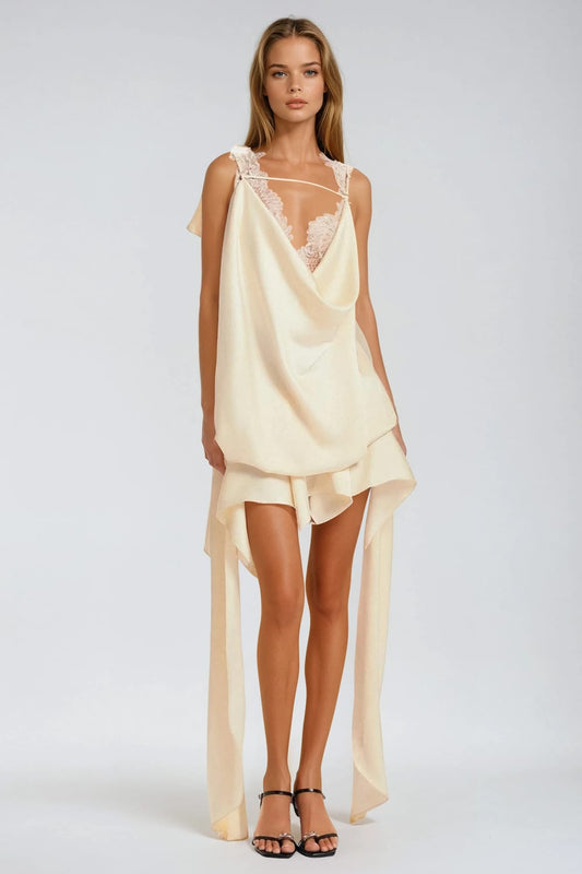 Draped Lace-Trim Mini Dress - White