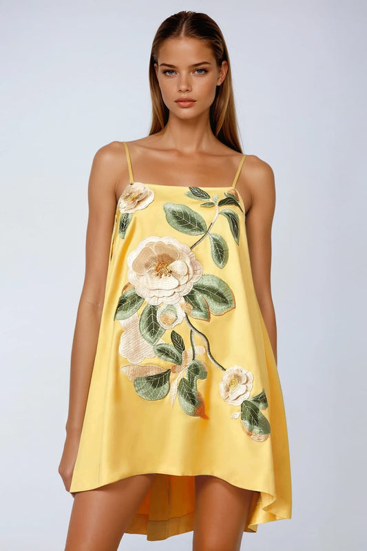 A-Line Sleeveless Mini Dress with Floral Print - Yellow