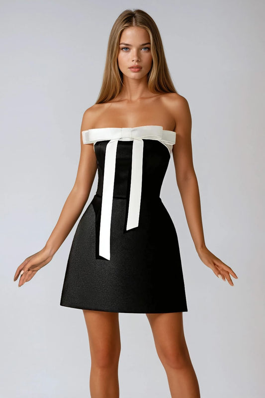 Strapless Mini Dress with Oversized Bow - Black