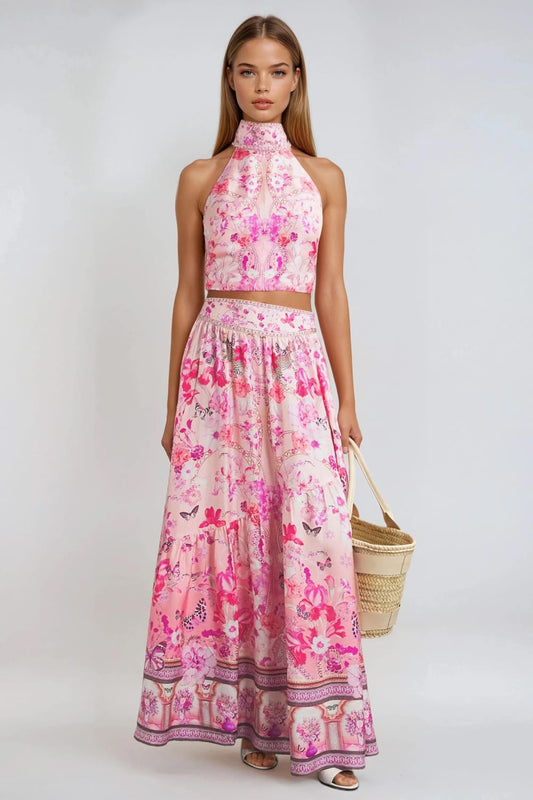 Two-Piece Set with Halter Crop Top and Maxi Skirt - Pink