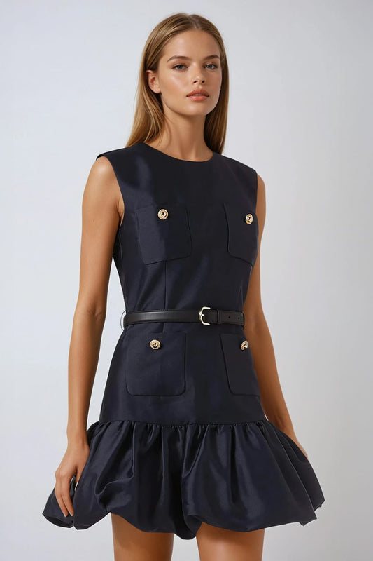 Mini Dress with Belted Waist and Ruffled Hem - Dark Blue