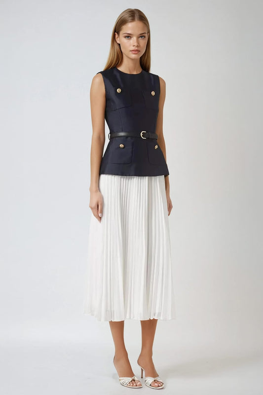 Two-Piece Set with Belted Top and Pleated Maxi Skirt - Black