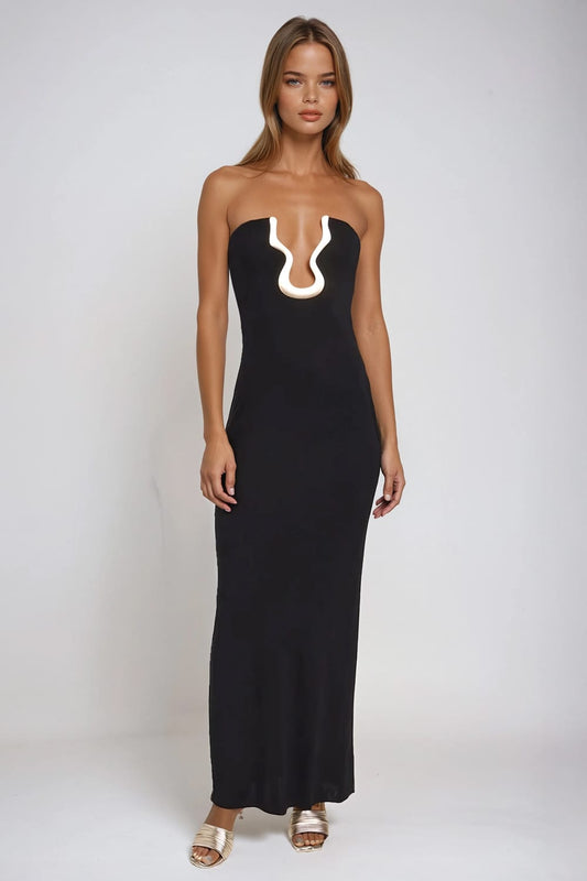 Strapless Maxi Dress with Wavy Neckline Detail - Black