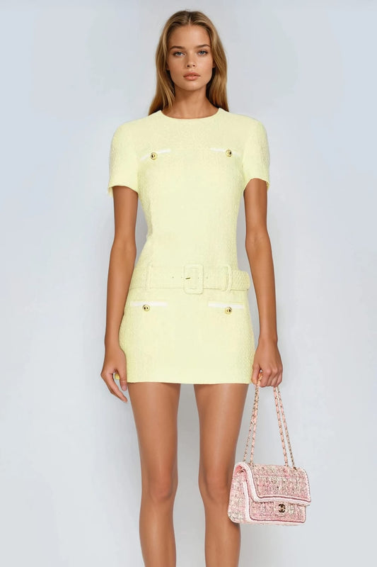 Mini Dress with Belt and Contrast Pockets - Yellow