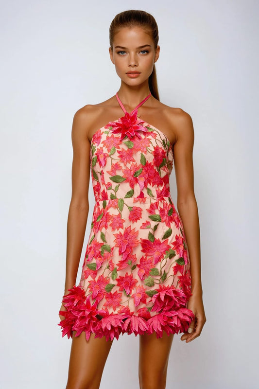 Mini Dress with Halter Neck and 3D Floral Details - Red