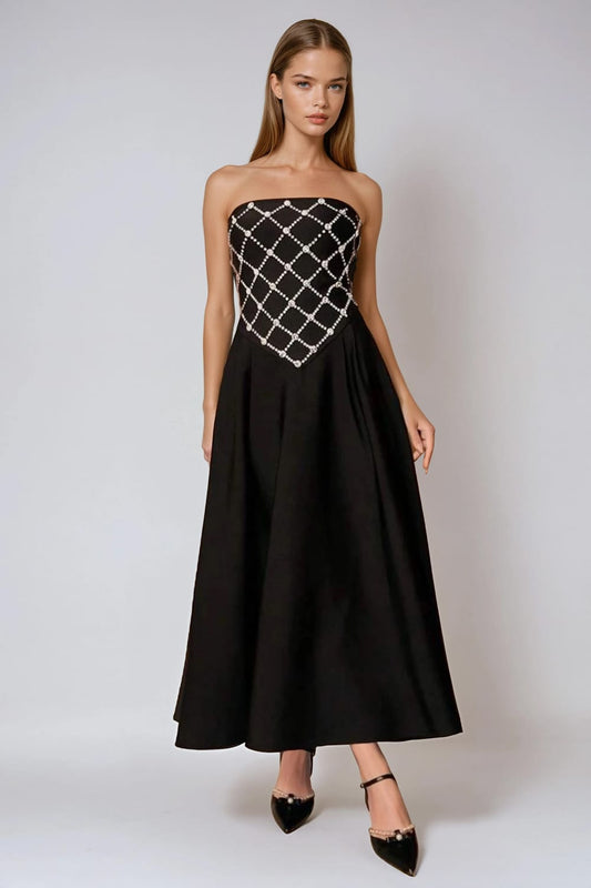 Strapless Maxi Dress with Diamond Trim Bodice - Black