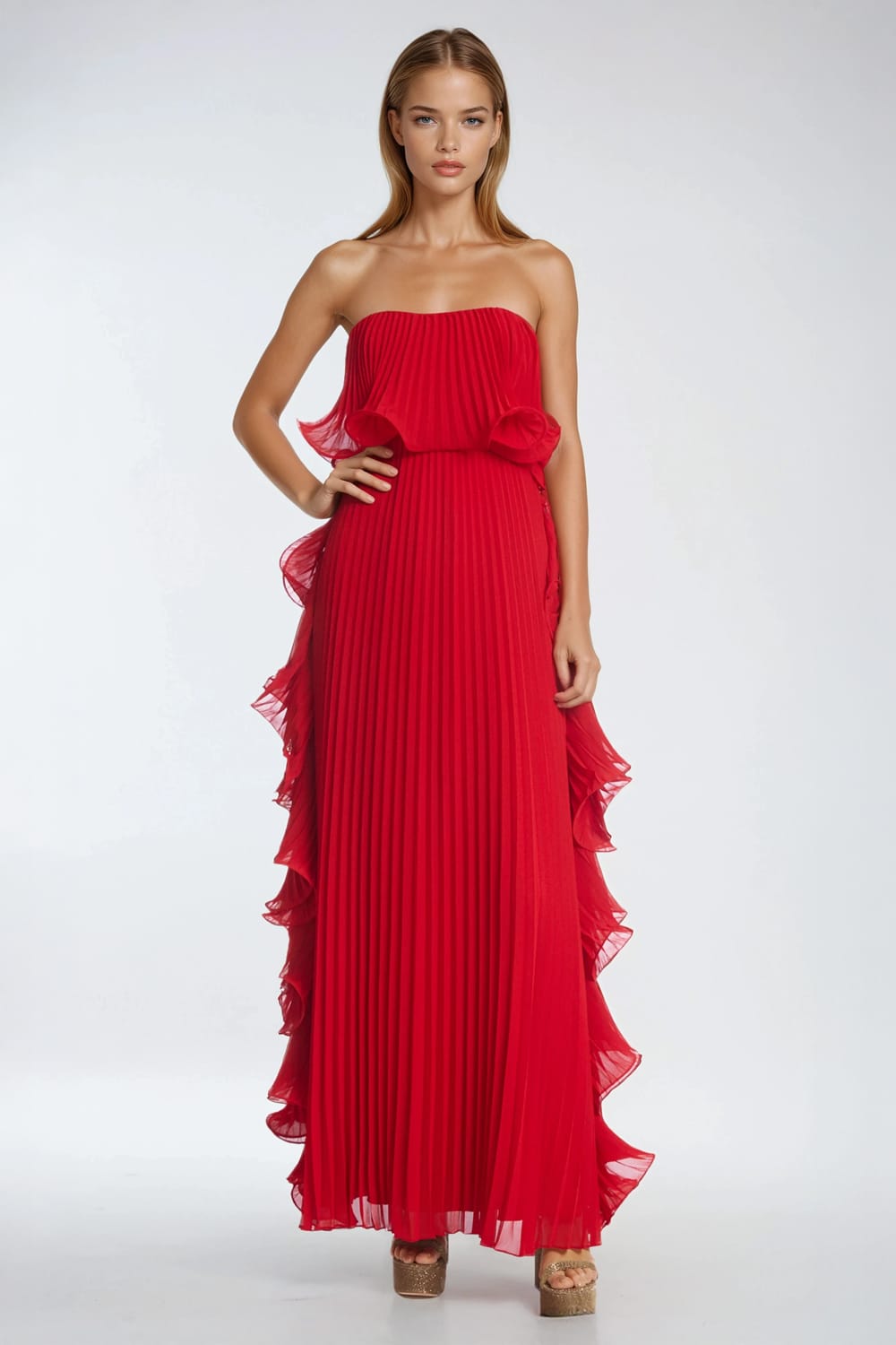 Strapless Pleated Maxi Dress with Side Ruffles - Red