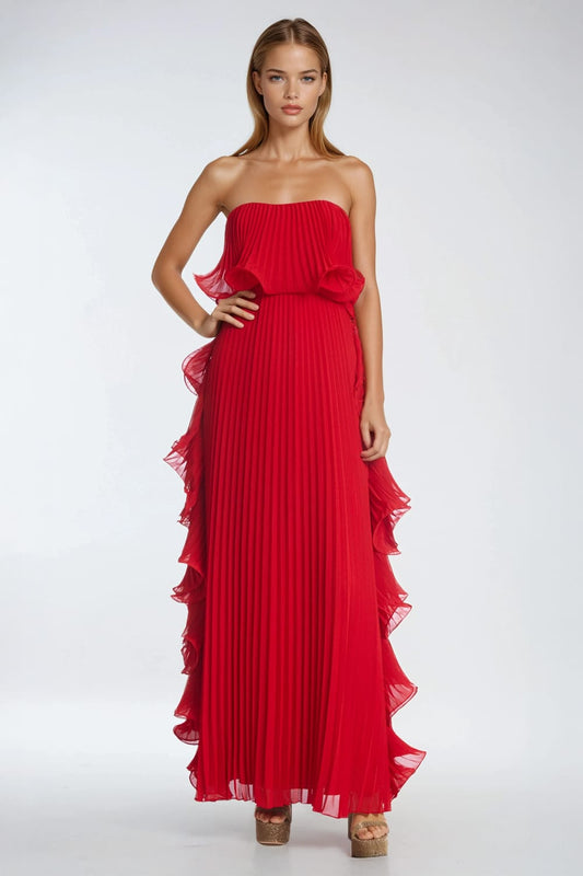 Strapless Pleated Maxi Dress with Side Ruffles - Red