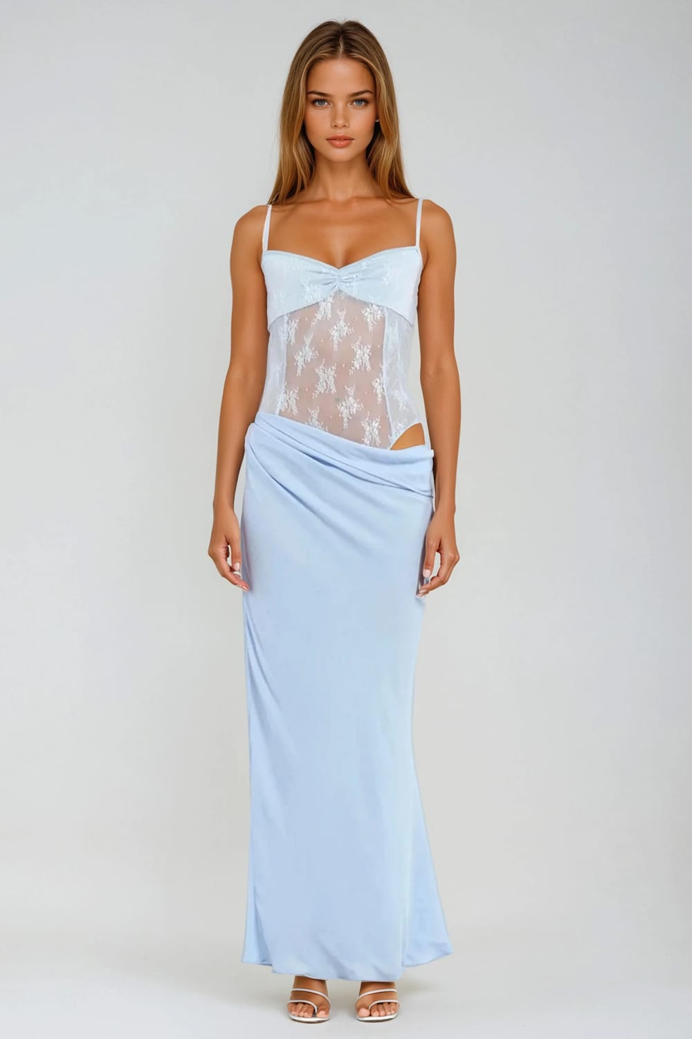 Lace Panel Maxi Dress with Drape Detail - Blue