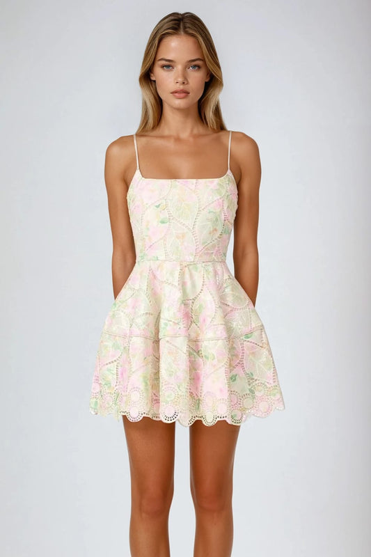 Mini Dress with Embroidery and Scalloped Hem - White