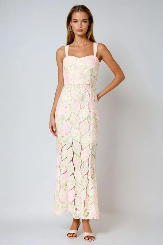 Maxi Dress with Wide Straps and Leaf Pattern - White