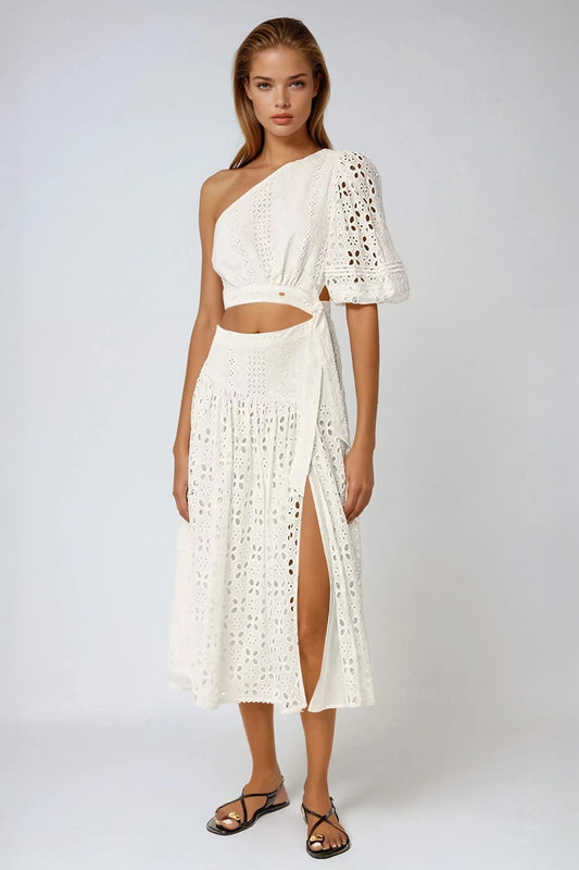 Asymmetrical Eyelet Midi Dress with Puff Sleeve - White