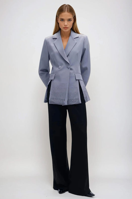 Double-Breasted Blazer with Cut-Out Hem - Gray