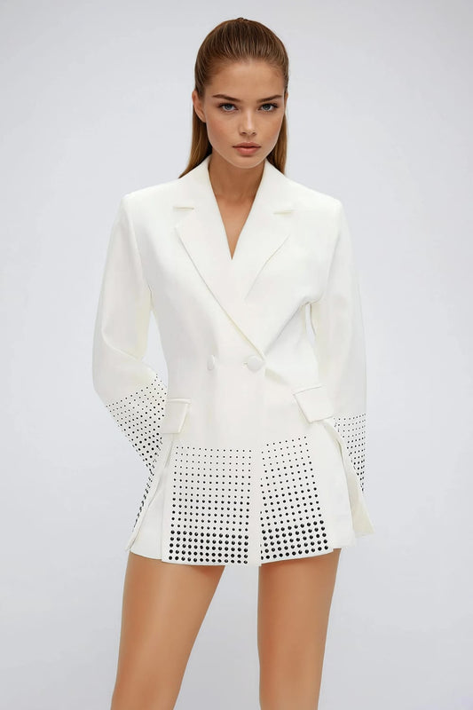 Double-Breasted Blazer with Cut-Out Hem - White