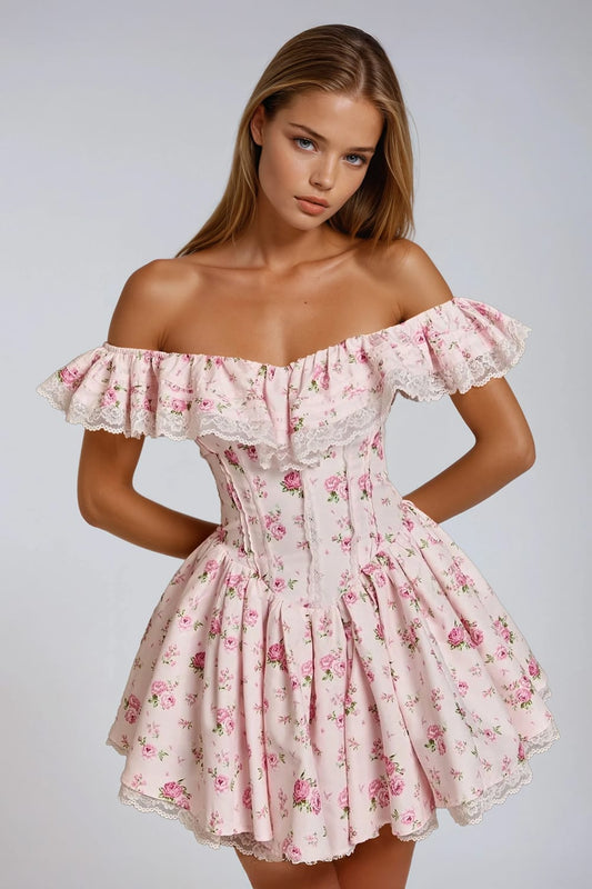 Off-Shoulder Mini Dress with Corset Waist and Ruffled Trim - Pink
