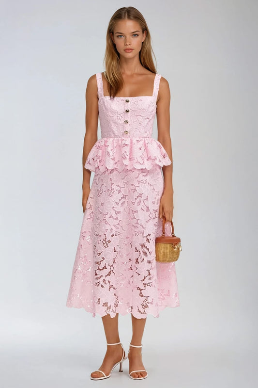 Sleeveless Midi Dress with Peplum and Button Front - Pink