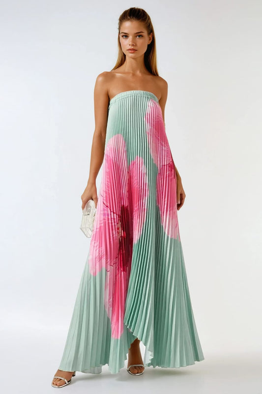 Strapless Pleated Maxi Dress with Oversized Floral Detail - Blue