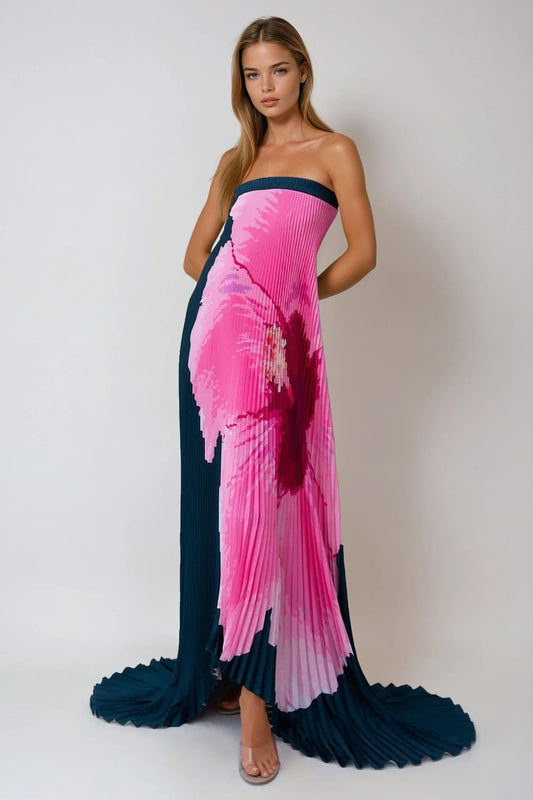 Strapless Pleated Maxi Dress with Oversized Floral Detail - Green