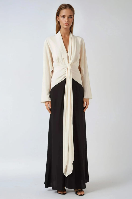 Maxi Dress with Deep V-Neck and Draped Front Tie - White