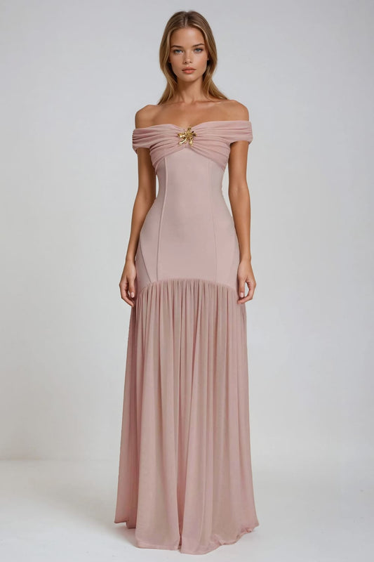 Off-Shoulder Maxi Dress with Ruched Detail and Flowing Skirt - Pink