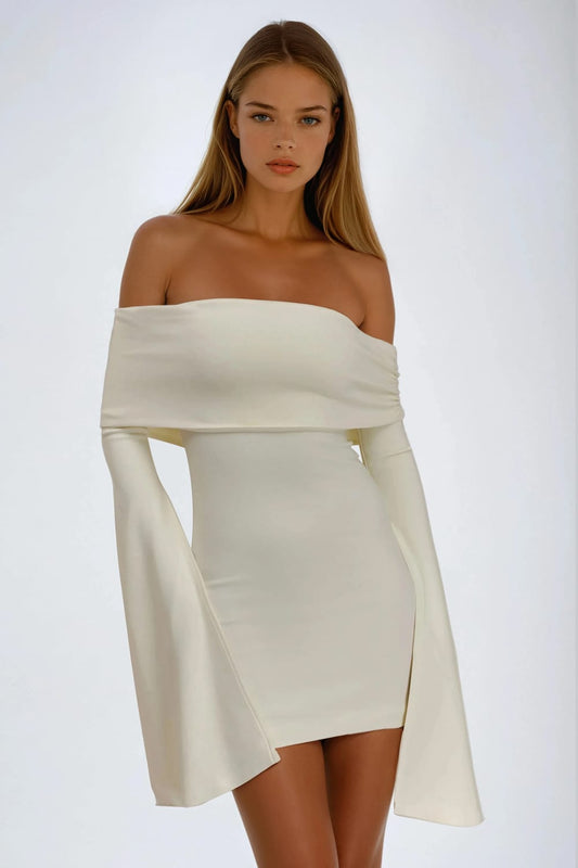 Off Shoulder Mini Dress with Long Flared Sleeves - White