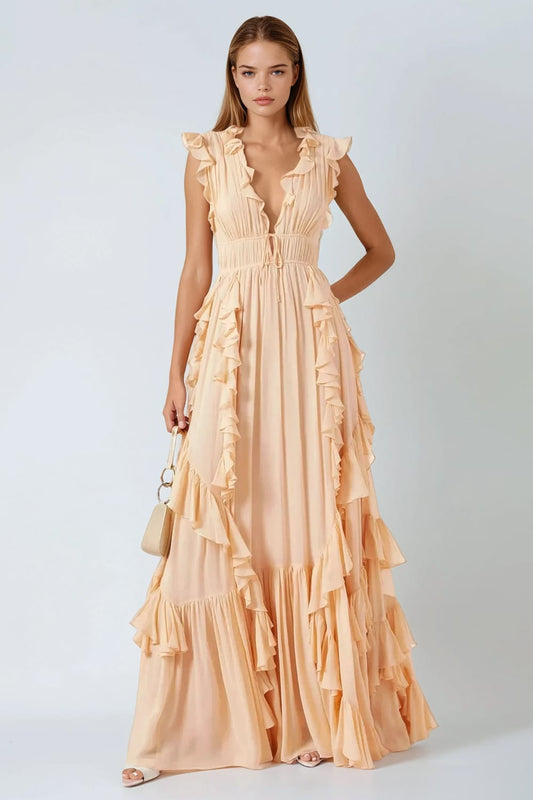 Ruffle Trim Deep V Maxi Dress - Brown
