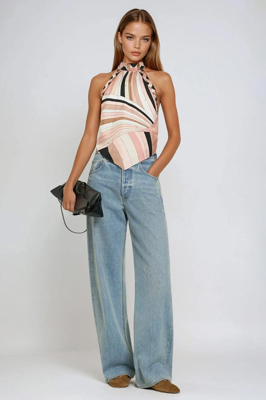 Halter Back Tie Printed Top - Light Pink