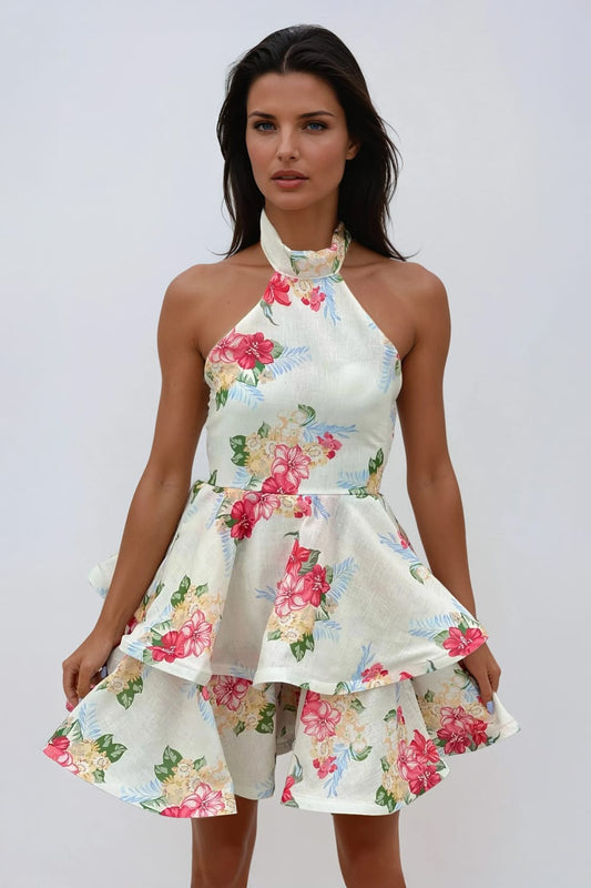 Halter Neck Tiered Mini Dress - Pink
