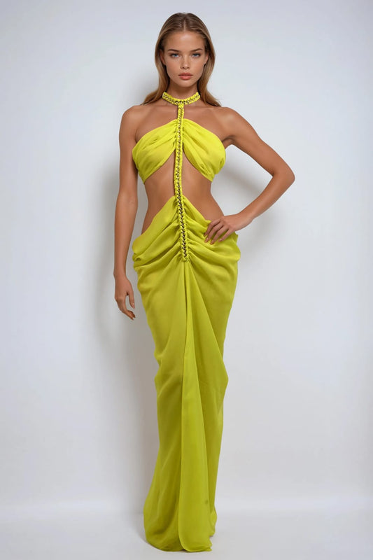 Cut-Out Maxi Dress with Chain Halter and Draped Skirt - Yellow