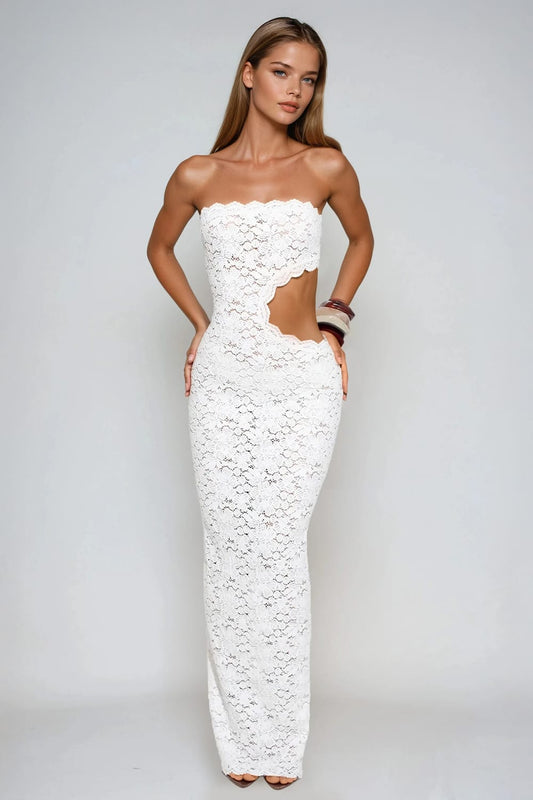 Strapless Lace Cut-Out Maxi Dress - White