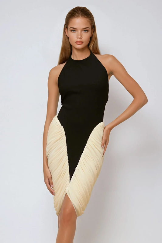 Halter Neck Ruched Panel Midi Dress - Black