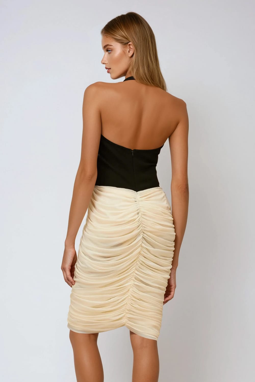 Halter Neck Ruched Panel Midi Dress - Black