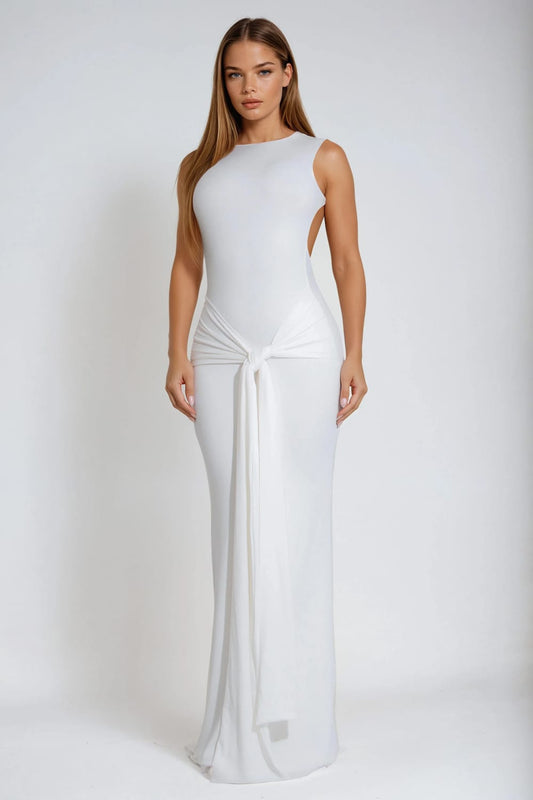 Sleeveless Draped Detail Open Back Maxi Dress - White