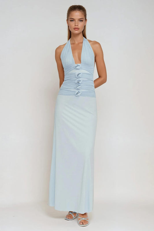 Halter Neck Maxi Dress with Pleated Bodice and Bow Details - Blue