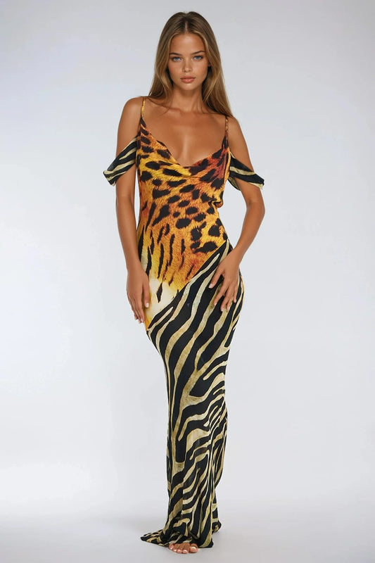Thin Strap Maxi Dress with Cold Shoulder and Deep Neckline - Brown
