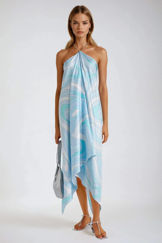 Halter Neck Backless Drape Maxi Dress - Blue