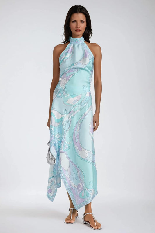 Two-Piece Set with Halter Top and Handkerchief Hem Skirt - Blue
