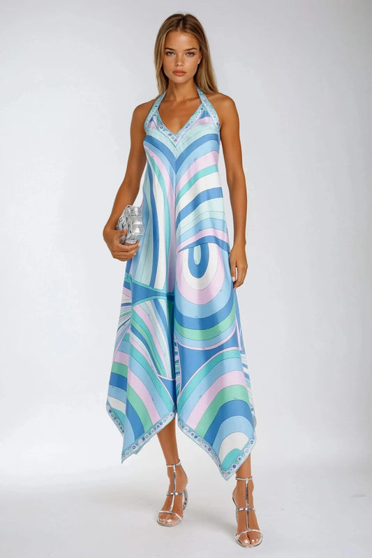 Halter Neck Open Back Maxi Dress - Blue