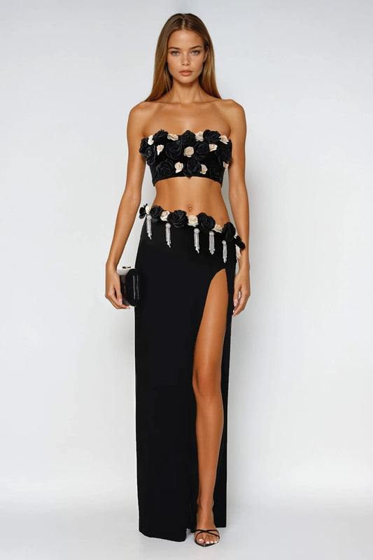 Two-Piece Set with 3D Floral Strapless Top and High Slit Skirt - Black