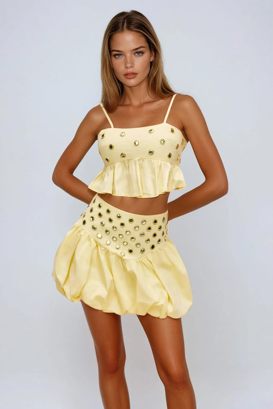 Two-Piece Set with Studded Crop Top and Bubble Skirt - Yellow