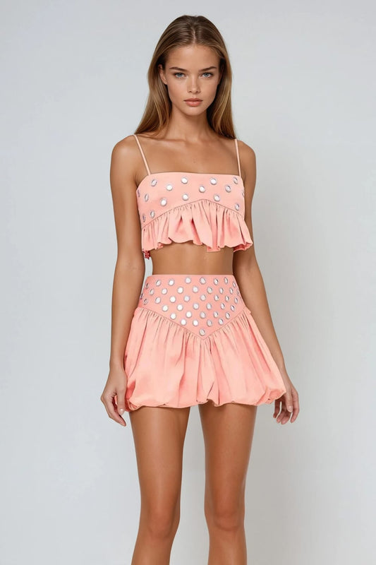 Two-Piece Set with Studded Crop Top and Bubble Skirt - Pink