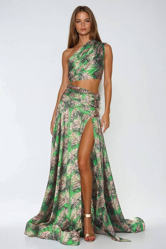 Two-Piece Set with Asymmetrical Top and High-Slit Maxi Skirt - Green