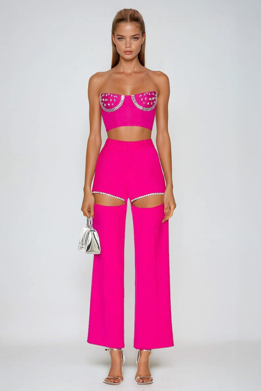 Two-Piece Set with Studded Bustier Top and Cutout Trousers - Pink