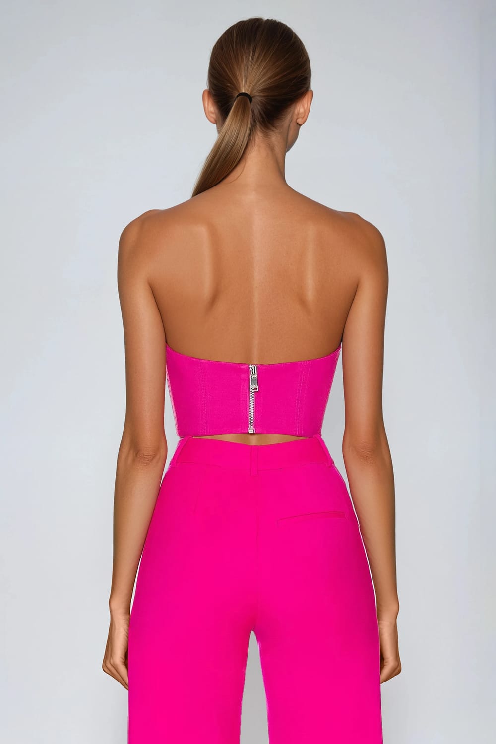 Two-Piece Set with Studded Bustier Top and Cutout Trousers - Pink