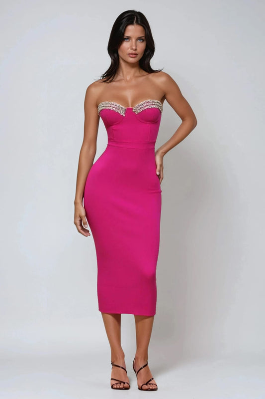 Strapless Midi Dress with Embellished Sweetheart Neckline - Pink