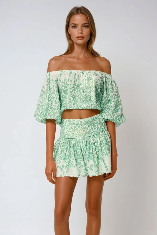 Two-Piece Set with Off Shoulder Top and Shirred Mini Skirt - Green