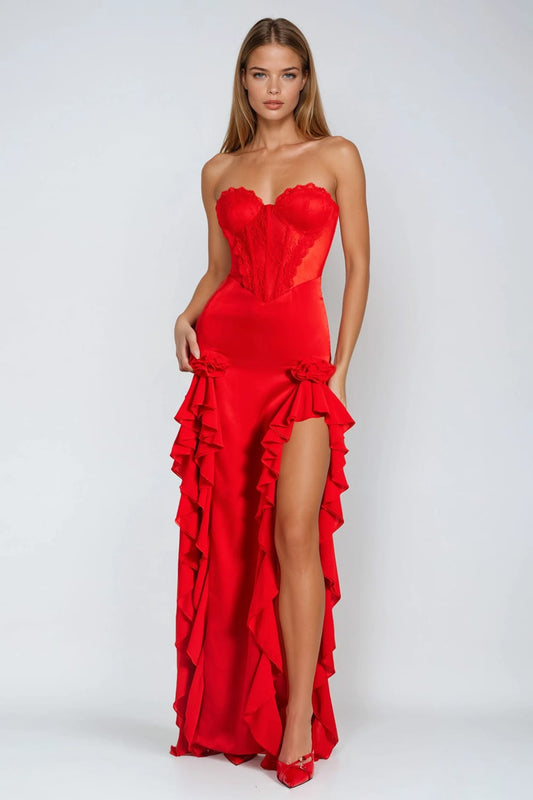 Strapless Corset Maxi Dress with Ruffles and High Slit - Red